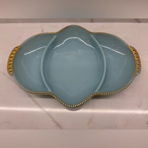 Vintage Fire King Delphine Blue Gold Trim Divided Dish 1950s Classic Milk Glass